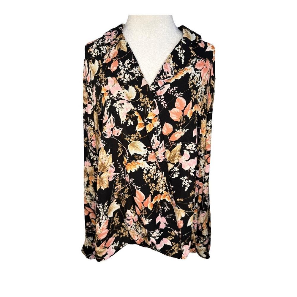 J. Jill Women's Large Black Floral Faux Wrap Blouse Long‎ Sleeve Casual